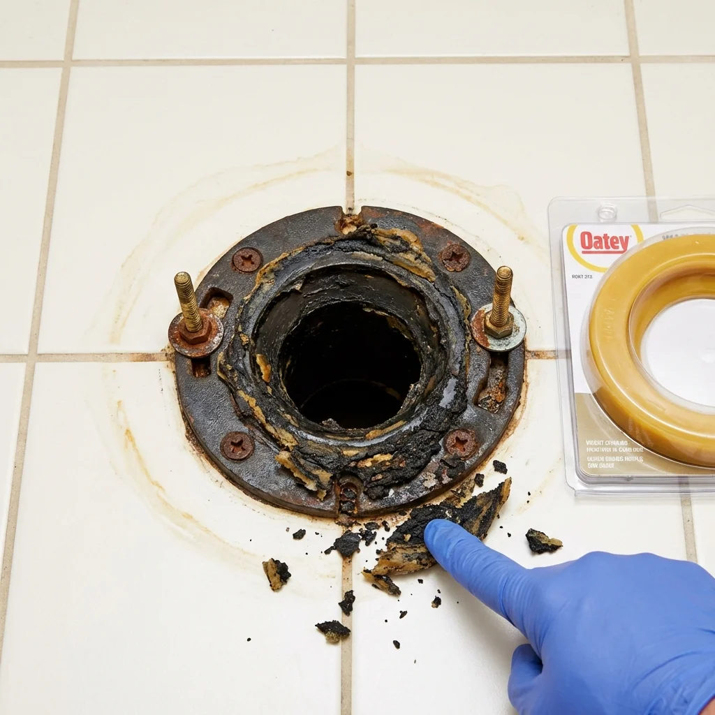 Failed wax ring showing water seepage at the base of a toilet in a Alexandria, IN home