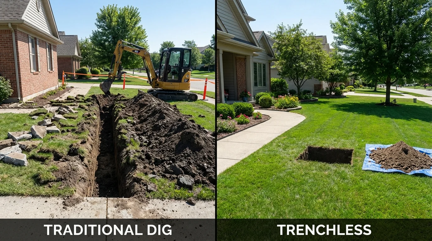 Trenchless sewer repair with minimal yard damage versus traditional excavation in Alexandria, IN