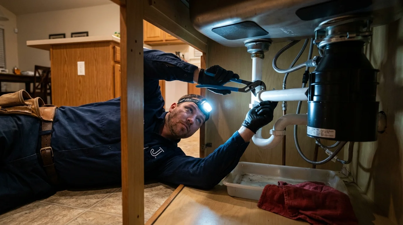 P-trap and supply line connections under a kitchen sink showing a common leak point in Alexandria, IN